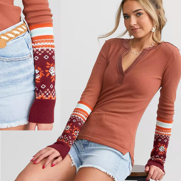 Free People Mikah Notch Neck Top Autumn Combo Size Small NWT MSRP $78 - Picture 3 of 4